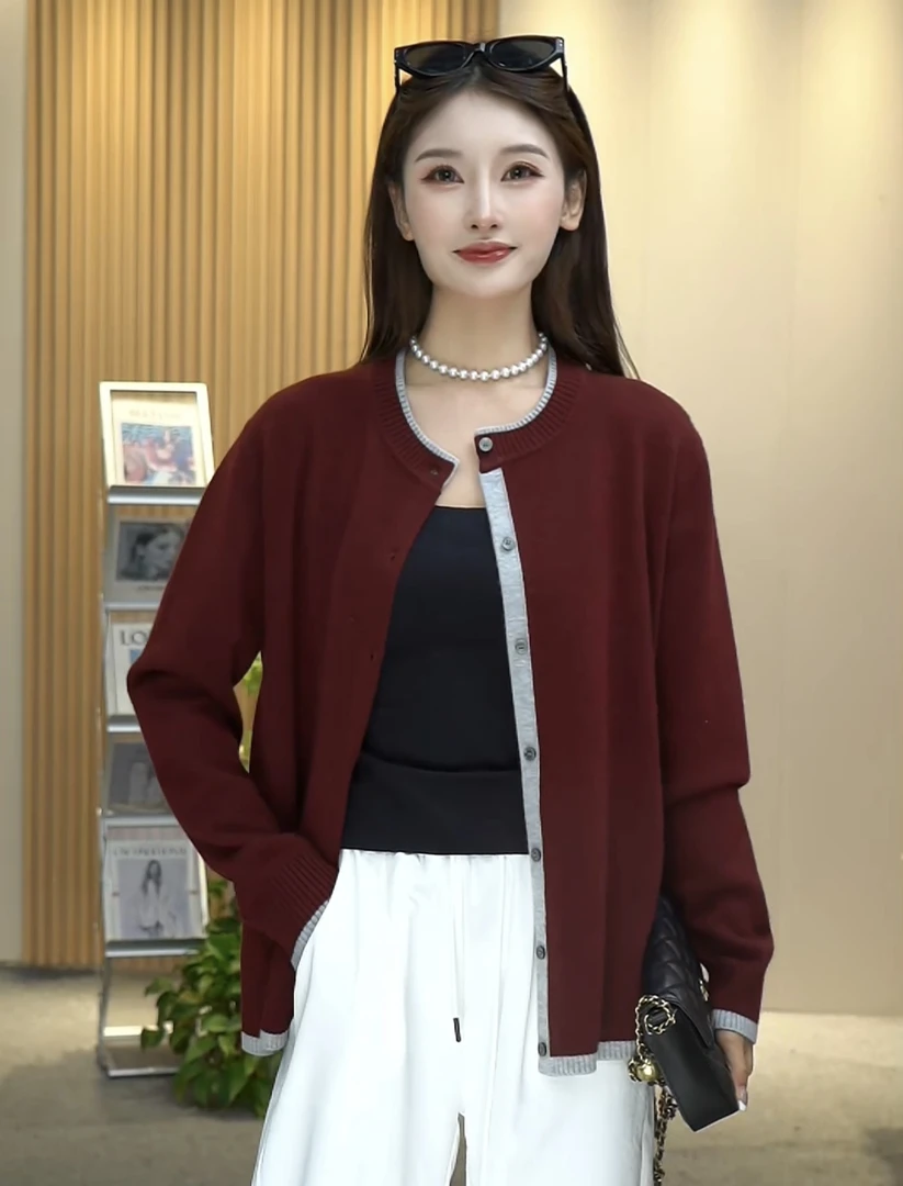 【羊芝奇】秋季新撞色双层领外套气质百搭宽松针织小香风羊毛开衫