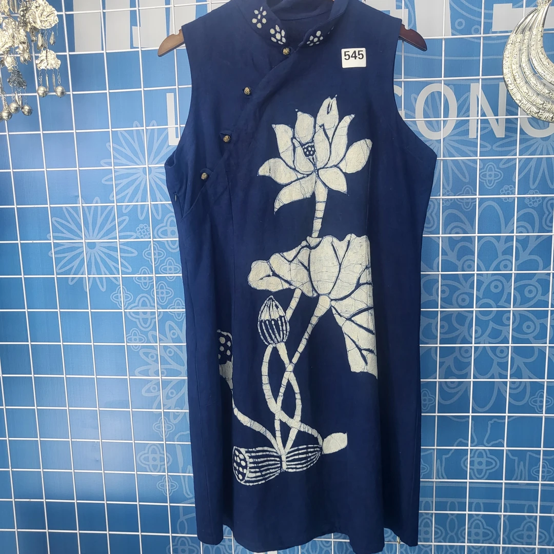 【励志工坊】545蜡染荷花图案短款背心连衣裙