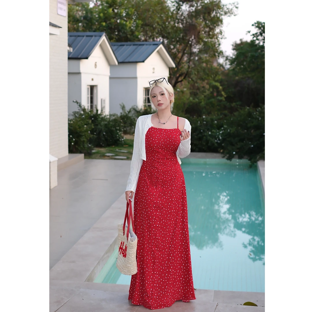 ZOZ糯米子[沙滩之恋]法式度假茶歇吊带裙女收腰甜美波点连衣裙