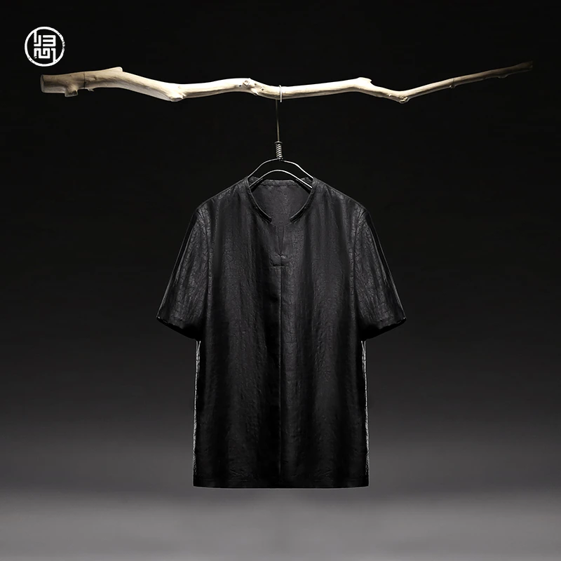 归心国风男装夏季100%桑蚕丝龟裂纹30姆米香云纱缎汉式V领短袖T恤