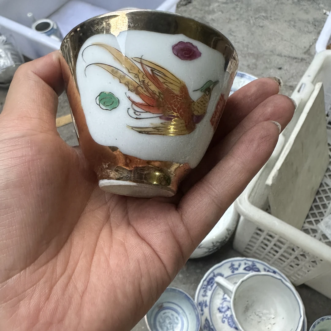 手绘双面飞鸟描金杯