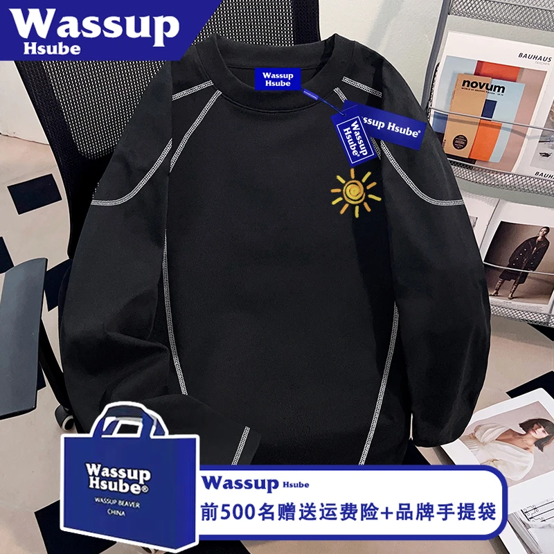 WASSUP HSUBE秋季100%纯棉长袖ins涂鸦印花黑色T恤拉线男女款上衣