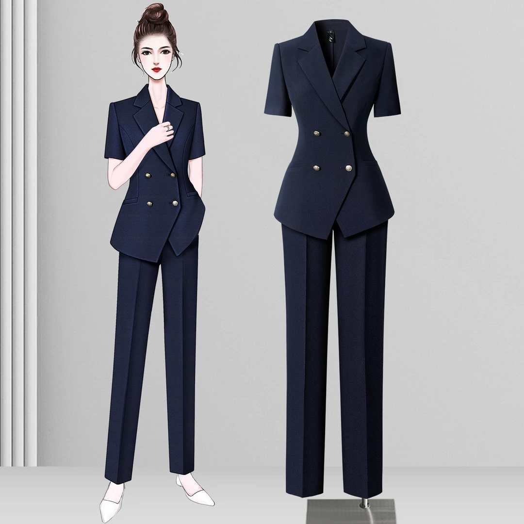 夏季纯色双排扣短袖西装气质修身西装领通勤风时尚高端女神范