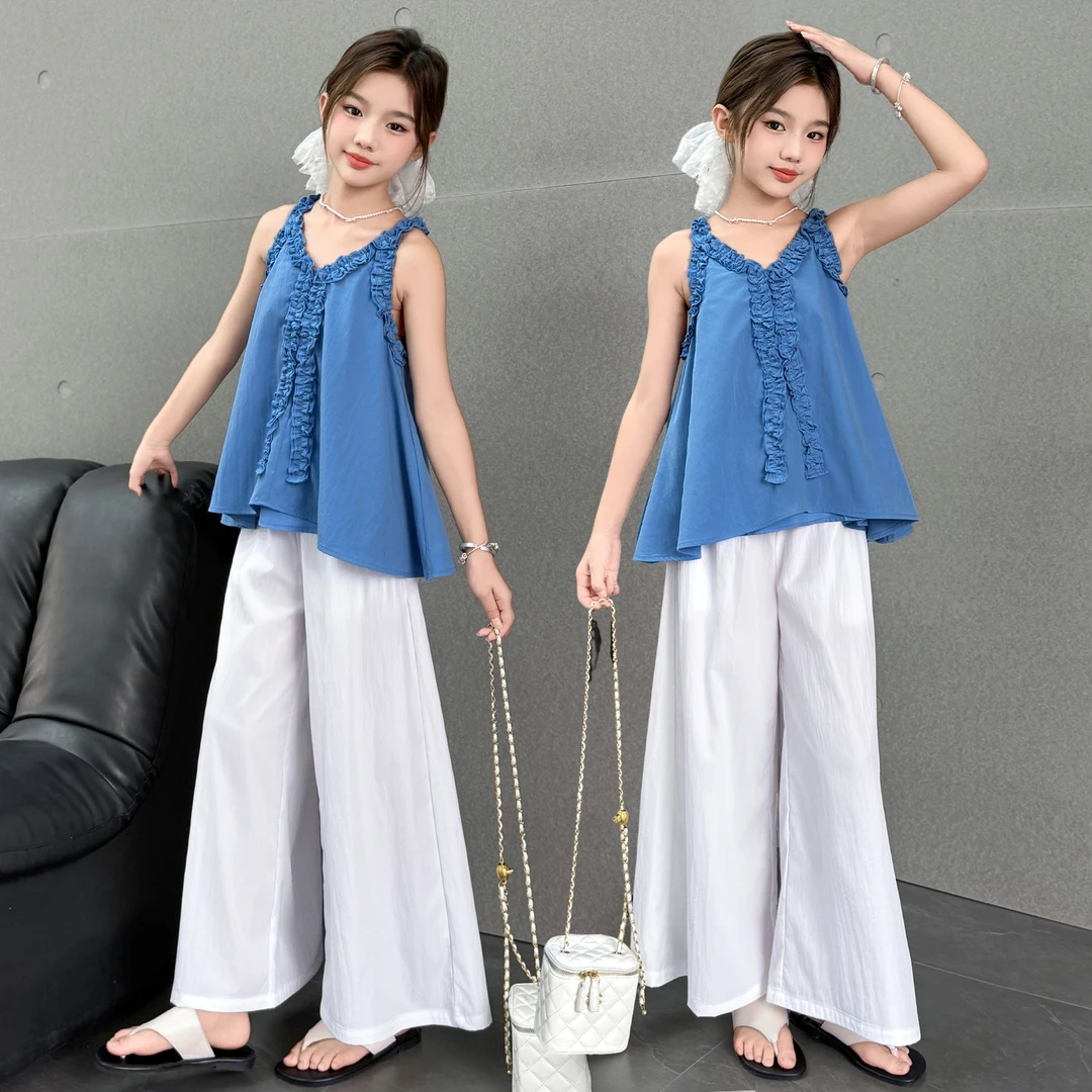 女童夏季套装2025新款花边吊带上衣阔腿裤休闲两件套中大童洋气潮