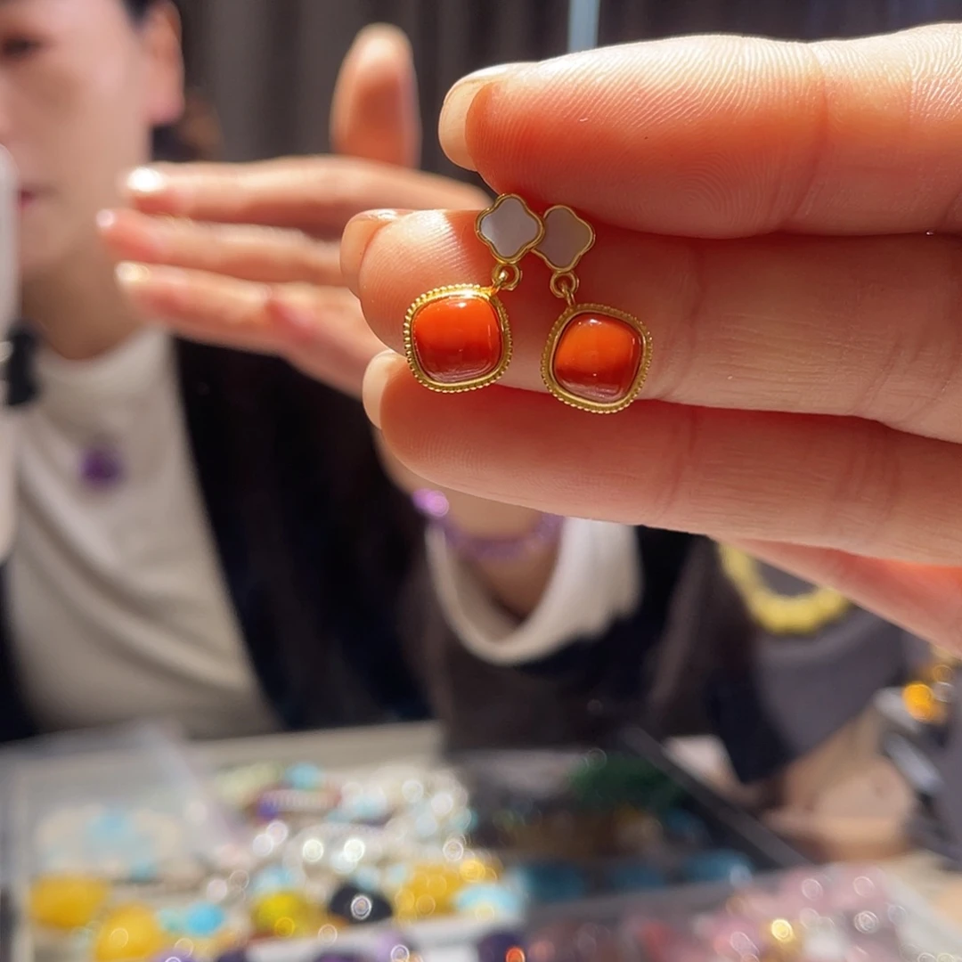 南红玛瑙银S925镶嵌耳饰原创