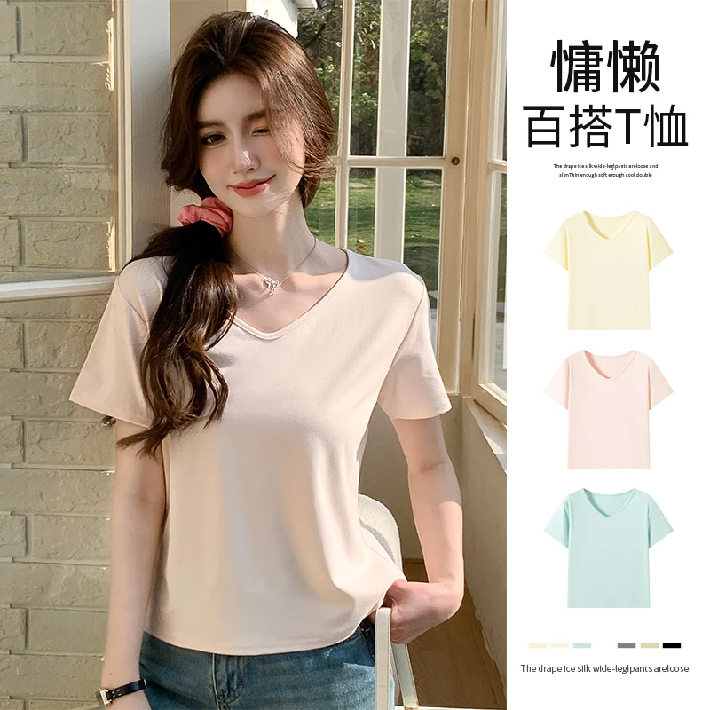 醉梓菡白色正肩V领短袖t恤女2025夏季新款韩版慵懒风宽松休闲上衣