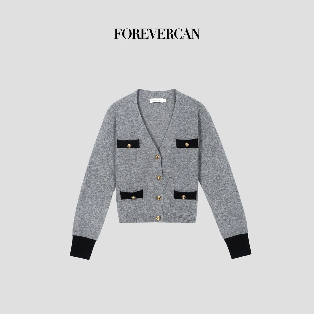 FOREVERCAN经典款V领撞色短款针织开衫 MY3706