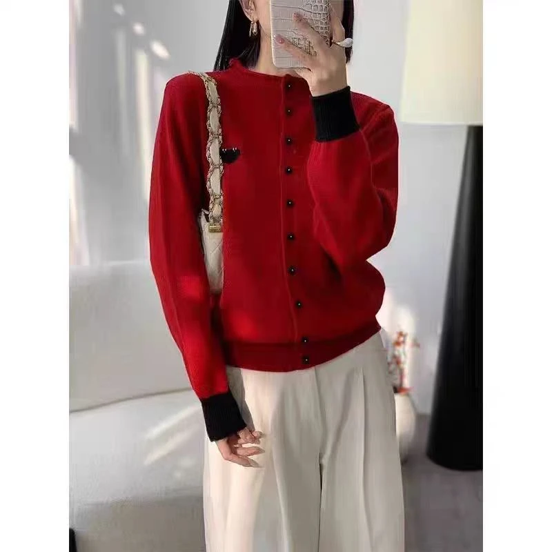【红色爱心】冬季新款高翻领开衫宽松百搭长袖厚毛衣针织上衣拼色