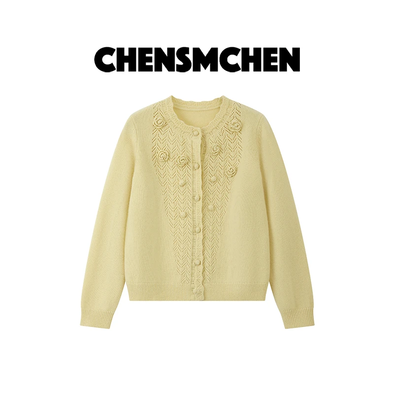 CHENSMCHEN 绵羊毛镂空立体绣花针织衫女时尚百搭上衣CSZ7633YW