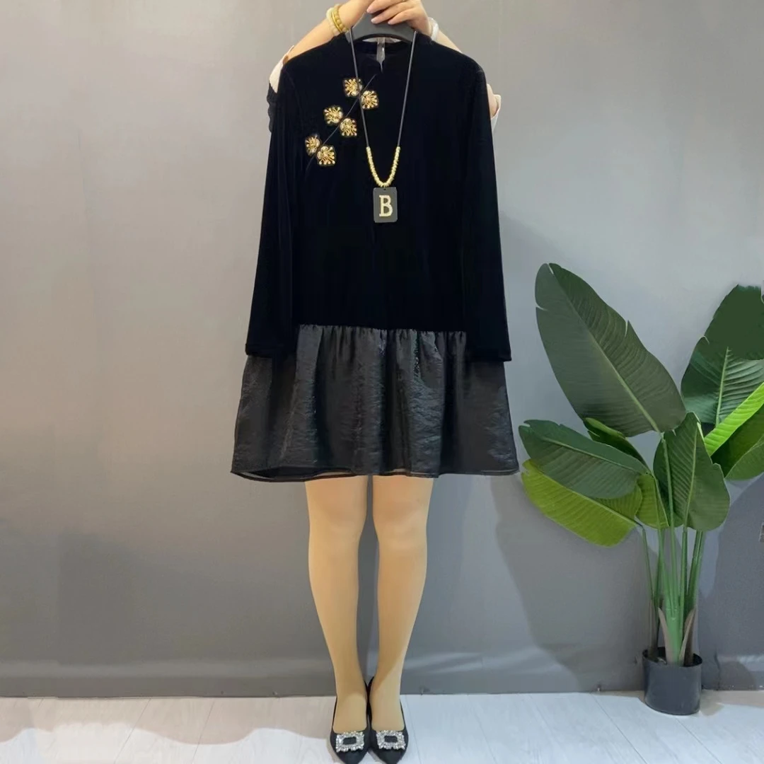 胖妹妹新款中式丝绒拼接连衣裙大码显瘦遮肉气质高级感百搭秋冬女