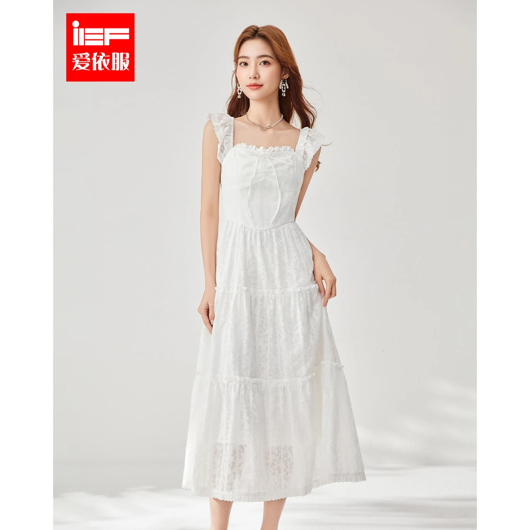 IEF/爱依服2025夏季新款白色连衣裙女蕾丝度假风中长款淑女背心裙