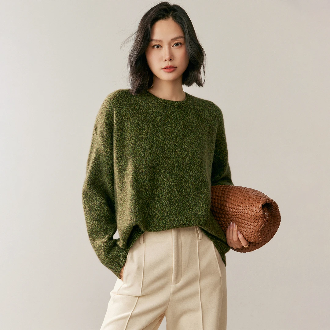 复古百搭落肩袖加厚款针织羊绒衫花纱打底衫女士秋冬宽松长袖圆领