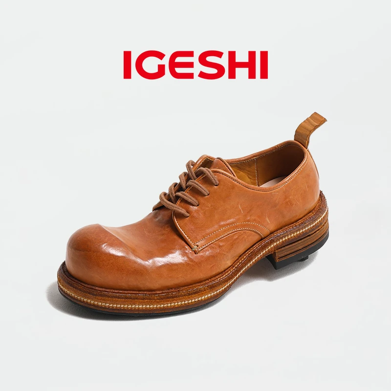 爱革仕【贪狼星】手工马皮鞋男士个性大头德比男鞋厚底固特异工装鞋