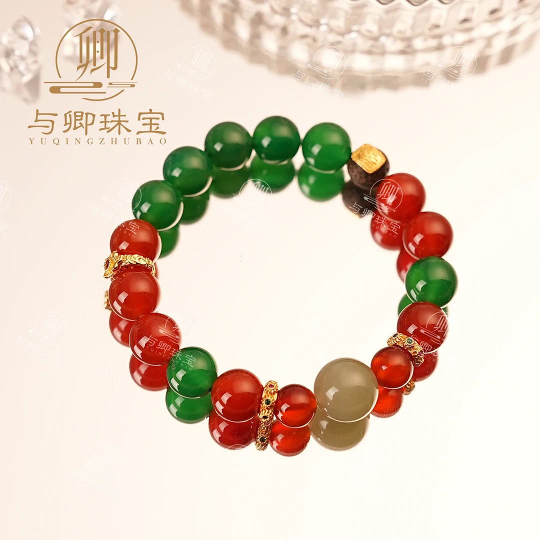 【福将至】10mm红玛瑙十10mm绿玛瑙十12mm晴水料和田玉 十沉香