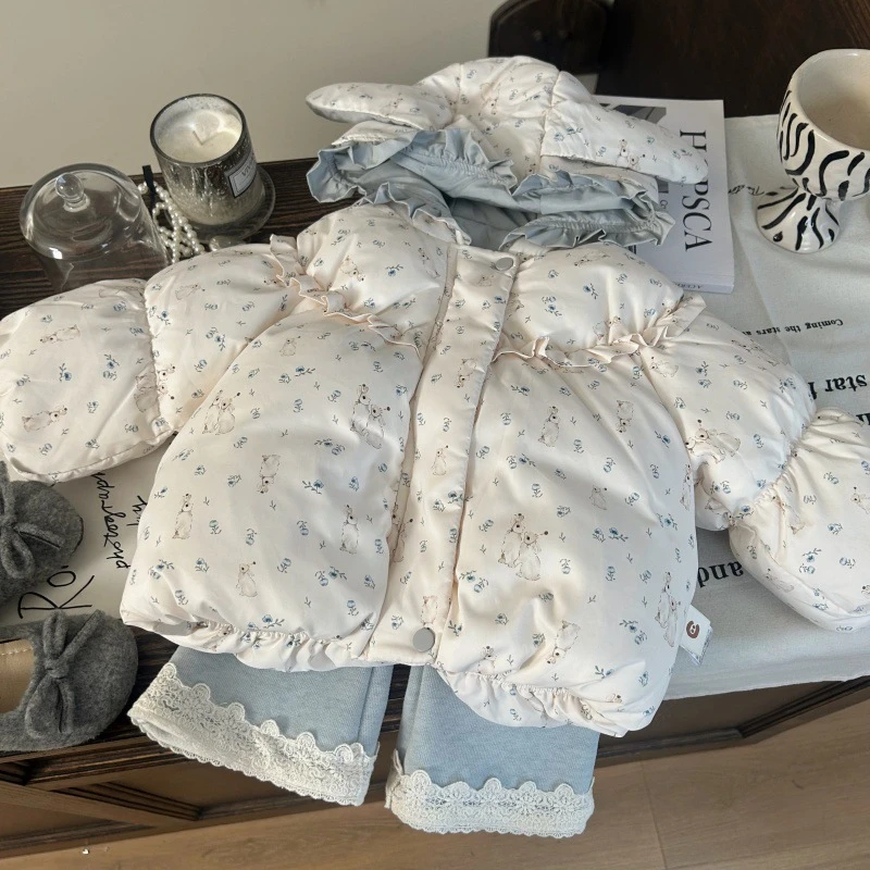 韩版童装新款冬季女童卡通兔耳朵棉衣外套花边喇叭裤两件套