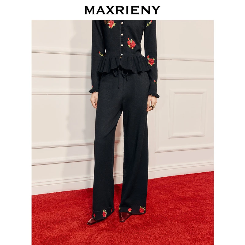 MAXRIENY玫瑰刺绣直筒长裤女25冬款宽松阔腿裤高质感通勤穿搭