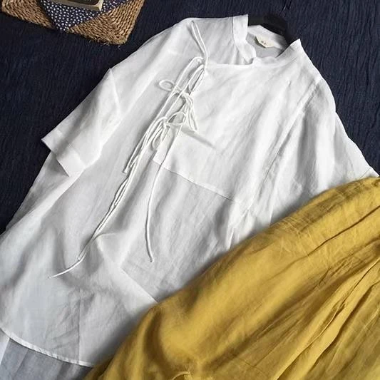 外贸品牌折扣女装复古文艺宽松复古新中式国风文艺苎麻衬衫连衣裙