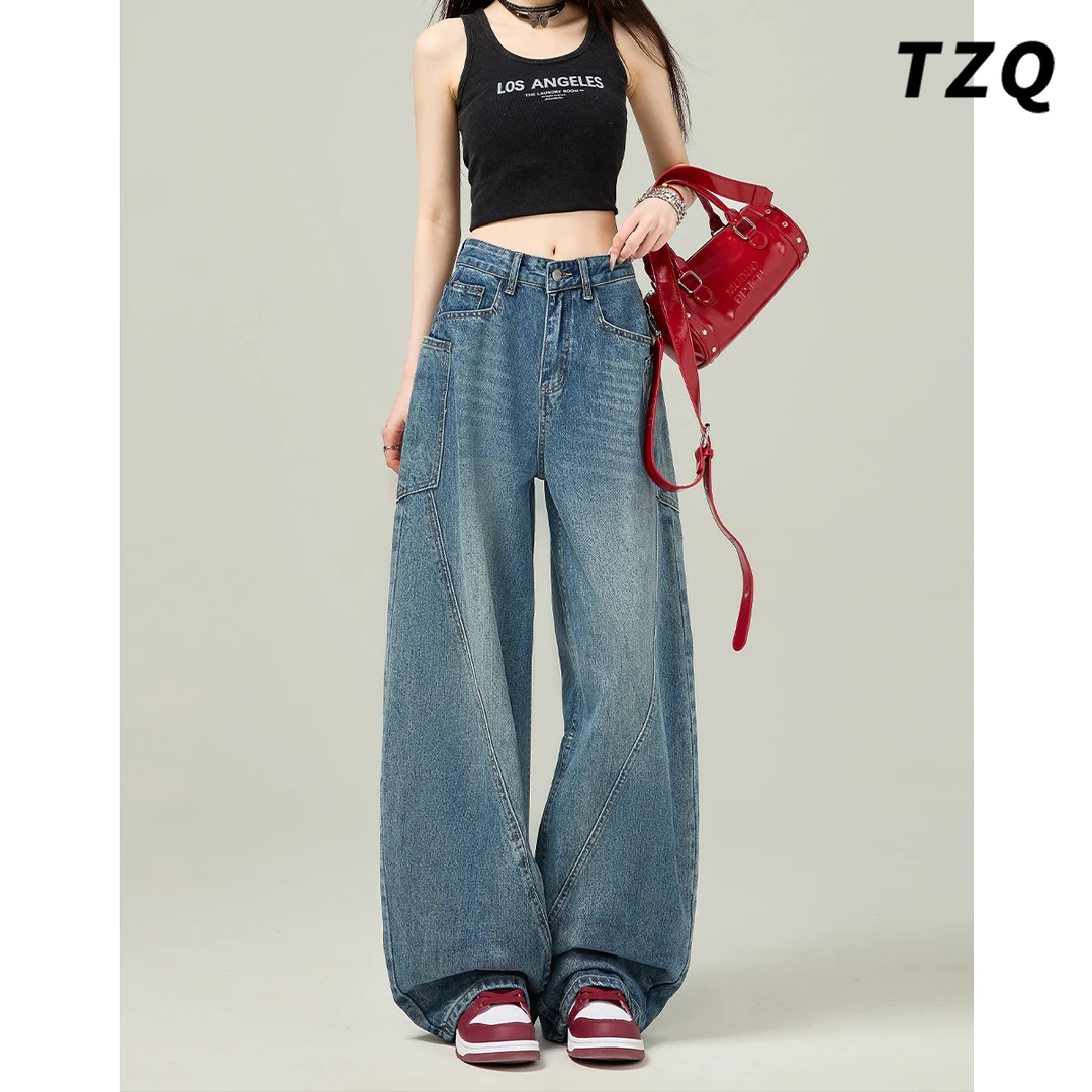 美式水洗弯刀牛仔裤女2025夏季新款高街高腰显瘦阔腿裤TZQ2532413