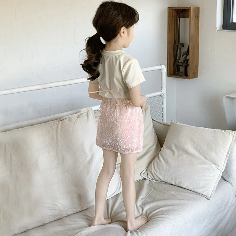 R25189女童夏季设计感短袖新款亮片鱼尾时尚百搭亮片短裙两件套