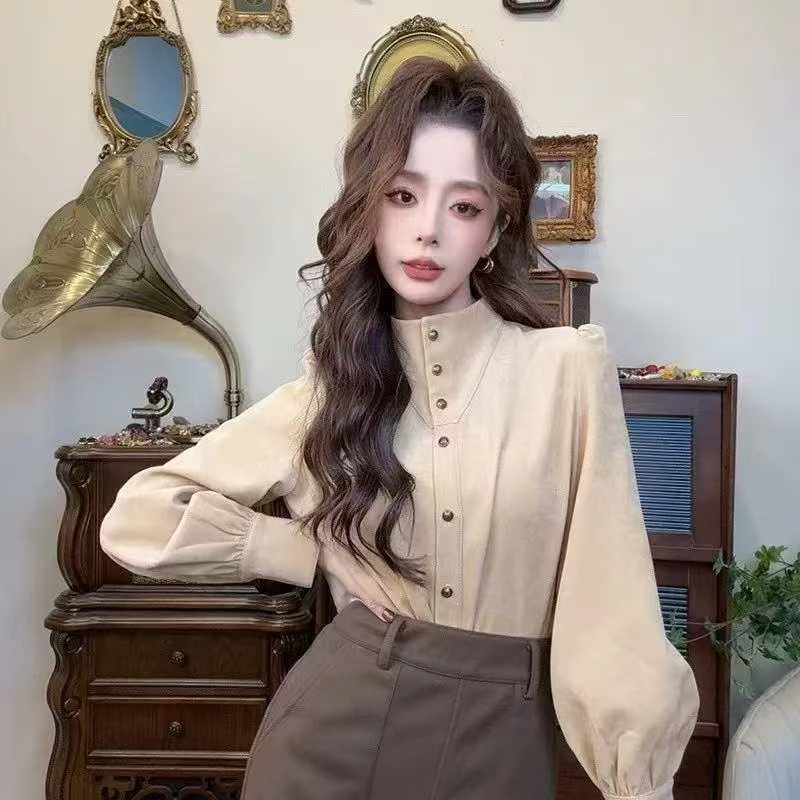 立领衬衫2025秋季新款轻奢高级感内搭加厚高领打底衫上衣