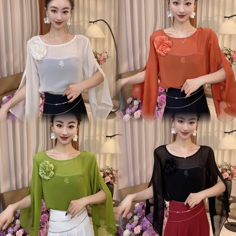 夏季时尚百搭设计款性感玫瑰飘逸短袖上衣