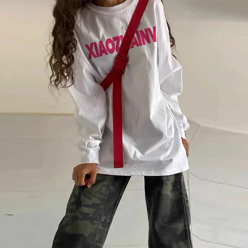 春秋季新款韩系慵懒风字母印花纯棉白色长袖t恤女宽松打底衫上衣