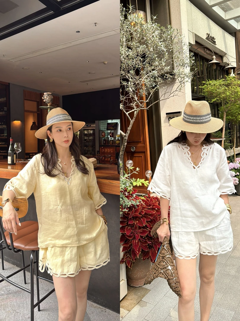 POGU-R 新品经典原创设计亚麻套装宽松老钱风短袖短裤TZ-409