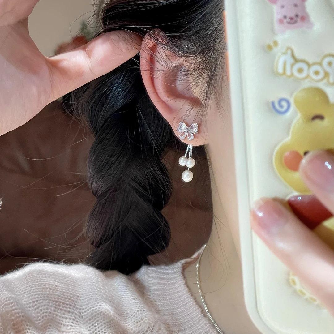 F116银色蝴蝶结珠珠流苏耳钉高级百搭小众温柔气质