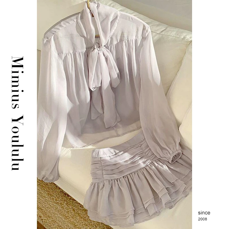 【mimius】&七七 葡萄气泡～蝴蝶结衬衫（含吊带）+百褶短裙裤 G01019