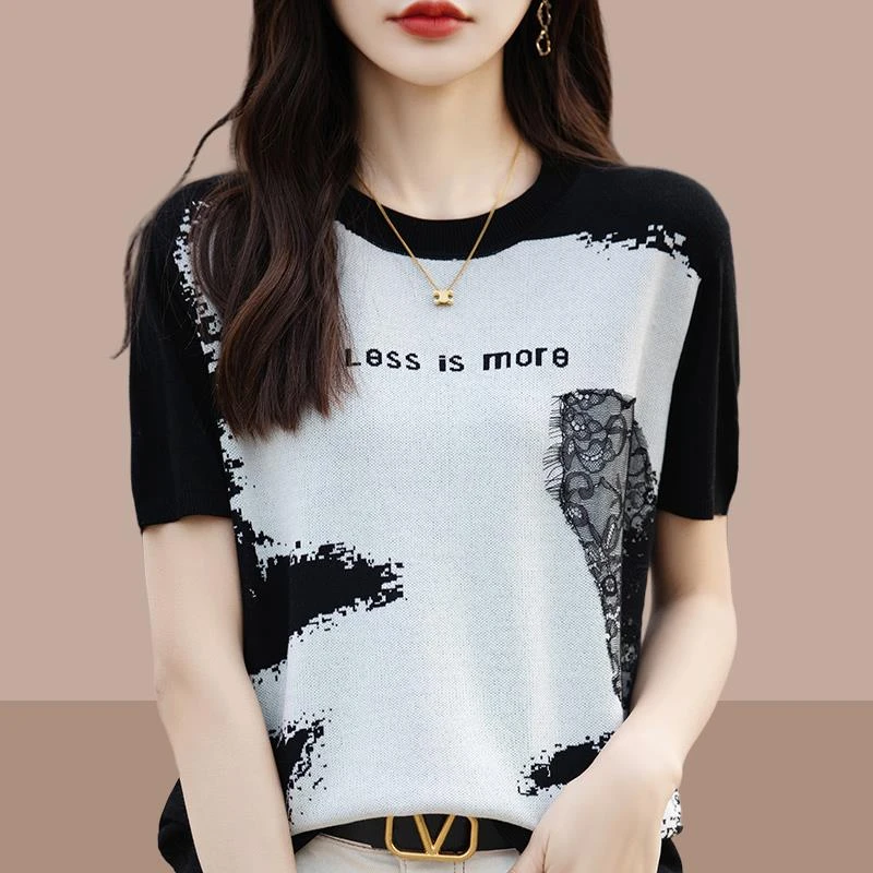 新款简约字母提花圆领针织冰丝短袖T恤女宽松显瘦高级感休闲上衣