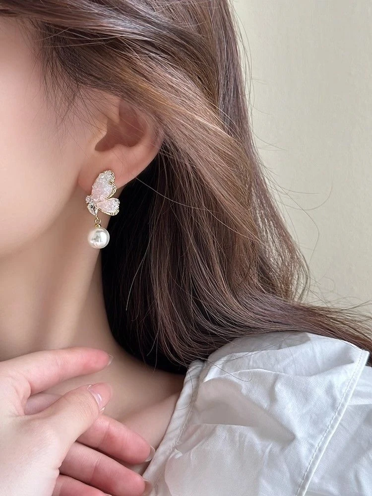 铜合金耳饰 121翩翩起舞渐变水晶花朵蝴蝶耳坠耳钉女小众设计耳饰