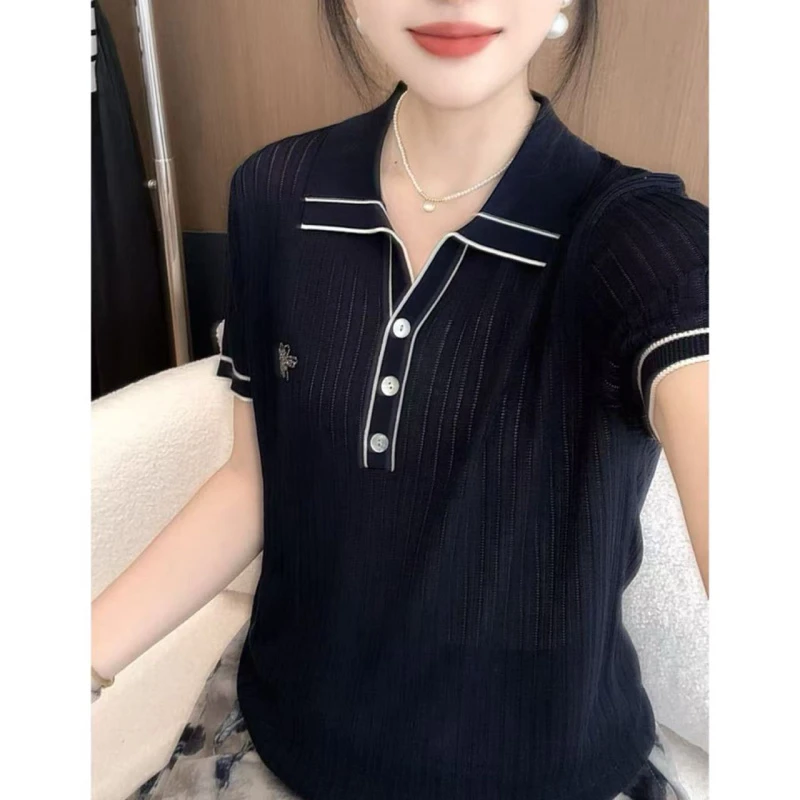 050 蜜蜂水钻短袖显瘦气质洋气时尚休闲夏季翻领上衣
