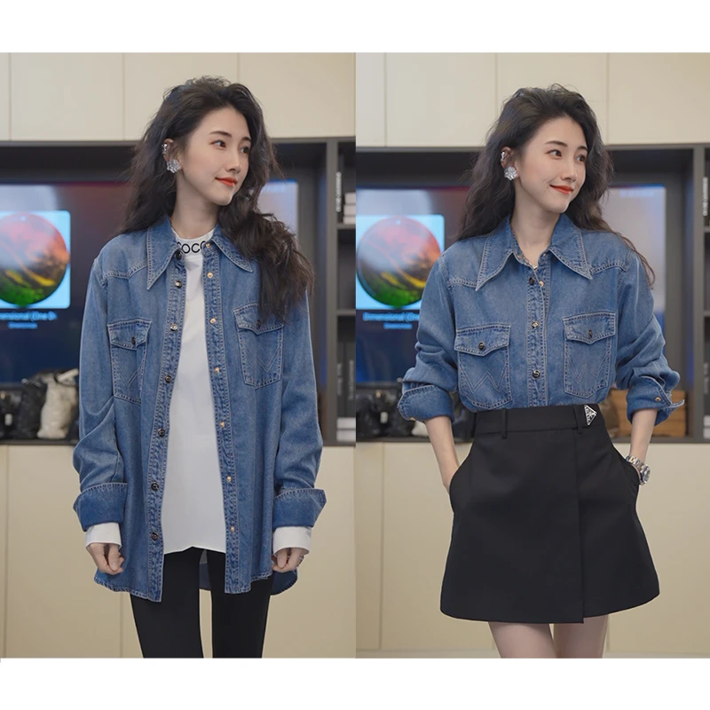小乖逃设计师蓝色衬衫水洗牛仔休闲拼接牛仔衬衫复古百搭8115