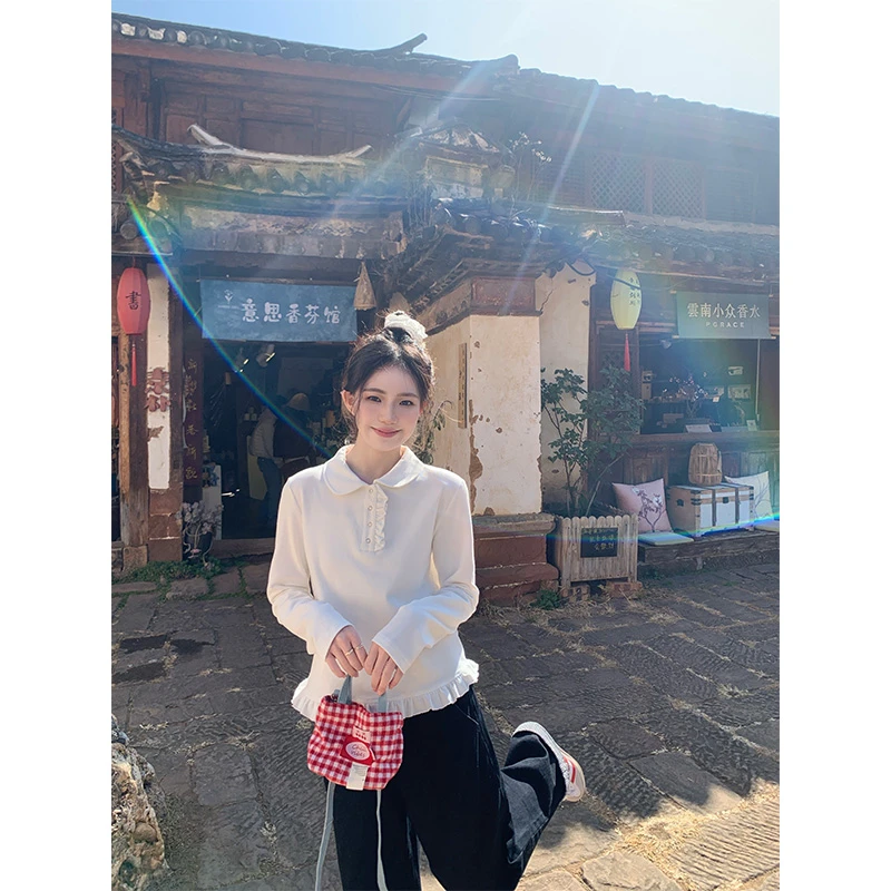 cozydays 甜美白色娃娃领长袖T恤女早春2025新款叠穿百搭套头上衣
