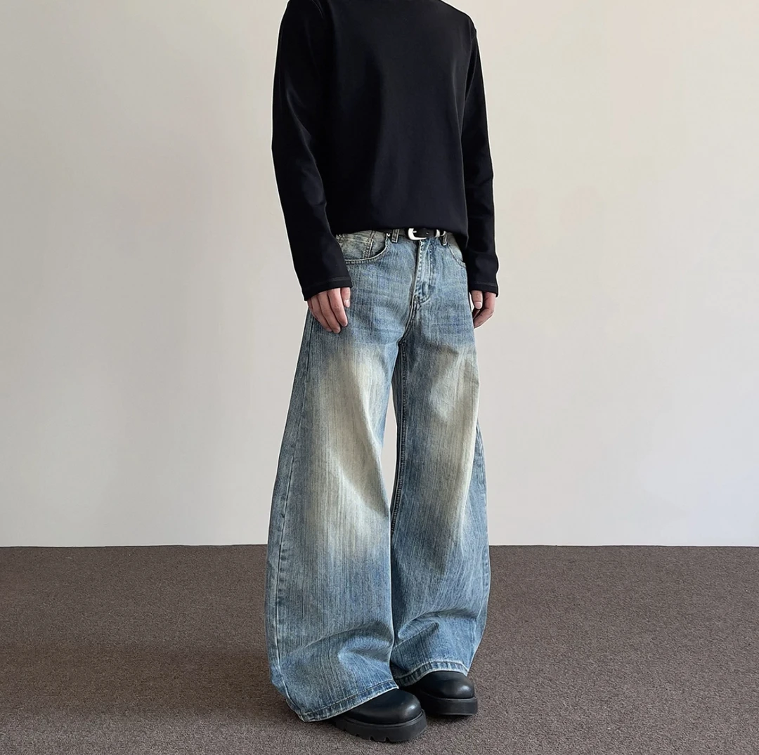 【金果子】新款美式高街做旧弯刀牛仔裤男女同款廓形裤子N1216