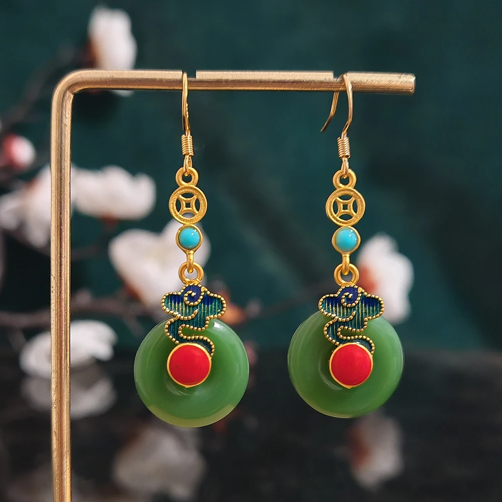 多吉米 合金耳饰 祥云聚宝绿耳环耳饰新中式复古配古装汉服旗袍