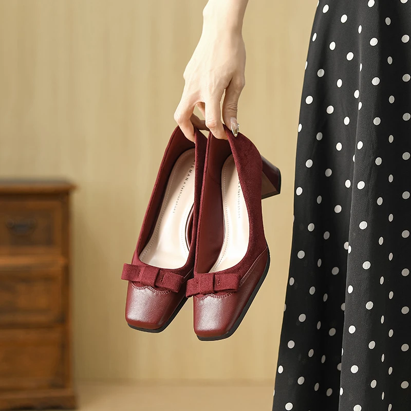 法式红色高跟单鞋女方头粗跟中跟高级感婚鞋新娘鞋不累脚日常可穿