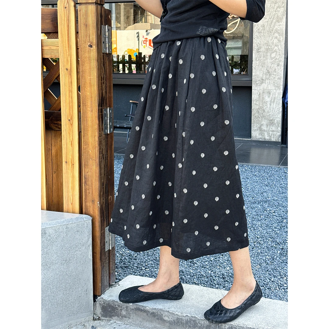 LANGQING 亚麻波点a字黑色薄款刺绣复古半身裙44813/45345#