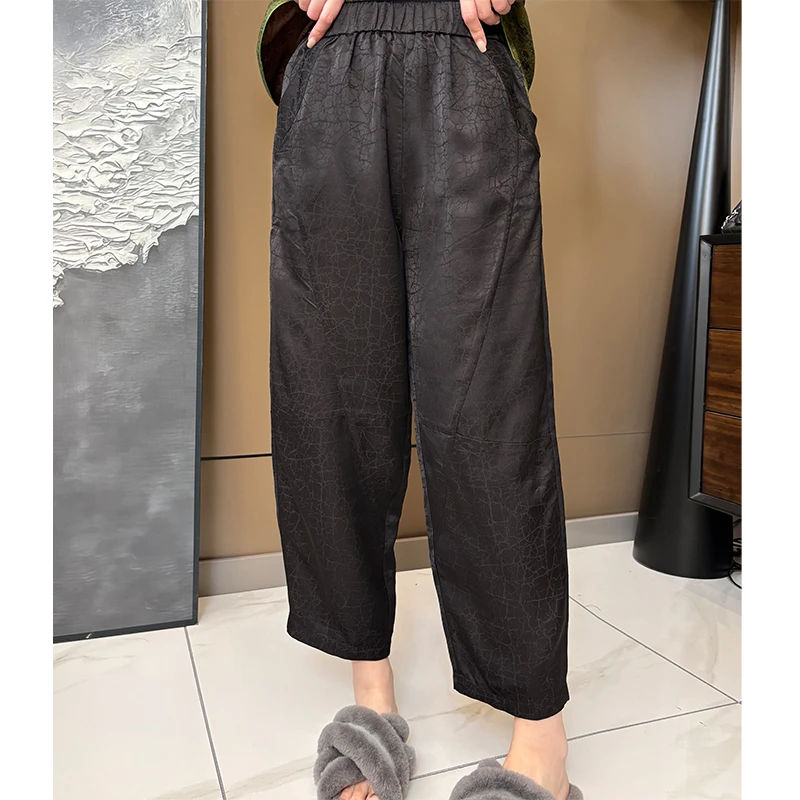 欧韩童话2025夏时尚百搭复古高腰暗纹宽松新中式气质休闲女裤6706