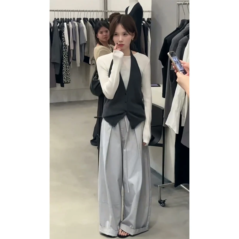 2025夏季新款韩系穿搭修身薄款上衣挂脖马甲气质高腰显瘦阔腿长裤