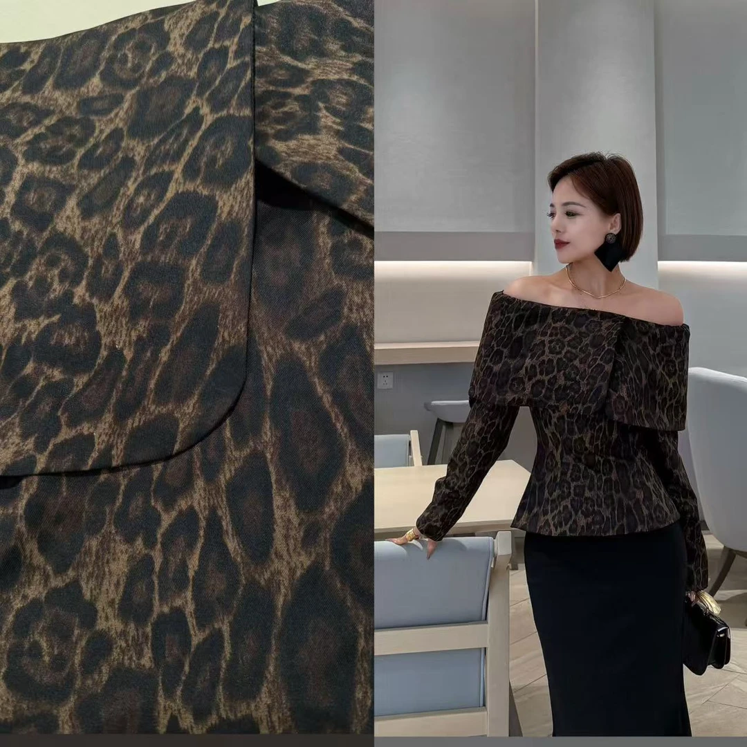 LTT- 新款 时尚复古豹纹一字肩小众设计感收腰显瘦上衣