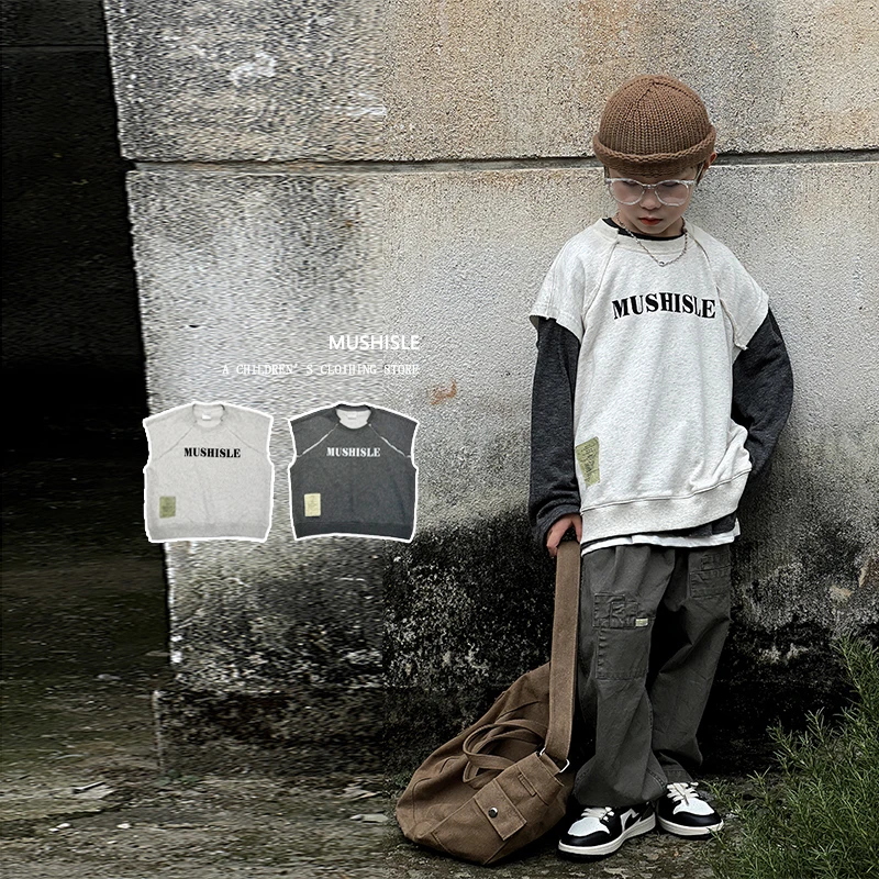 阿又宽松童装男童春秋字母印花无袖复古马甲宽松舒适百搭潮83355Q