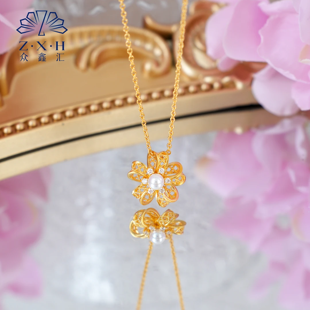 {众鑫汇}足金999  莫桑点钻蕾丝太阳花套链