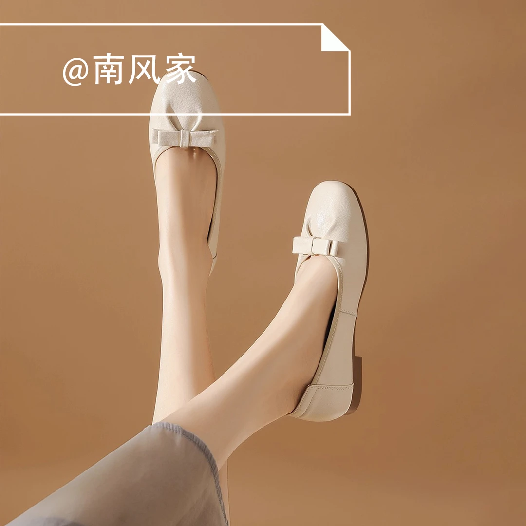 方头浅口单鞋女2025新款春秋季平底瓢鞋软底软皮妈妈鞋船鞋豆豆鞋
