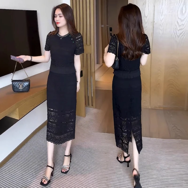 时尚气质蕾丝套装裙女2025夏季新款洋气减龄显瘦遮肉小众连衣裙潮