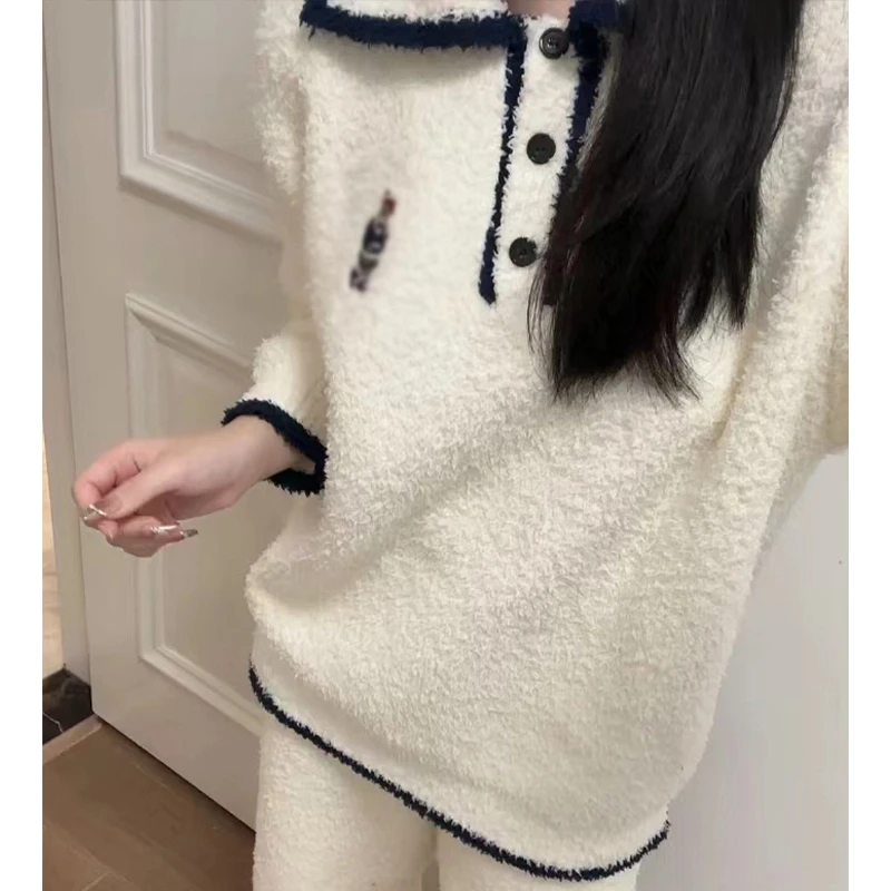 DS家居服半边绒【白色假日小熊】小众设计休闲舒适可外穿睡衣套装