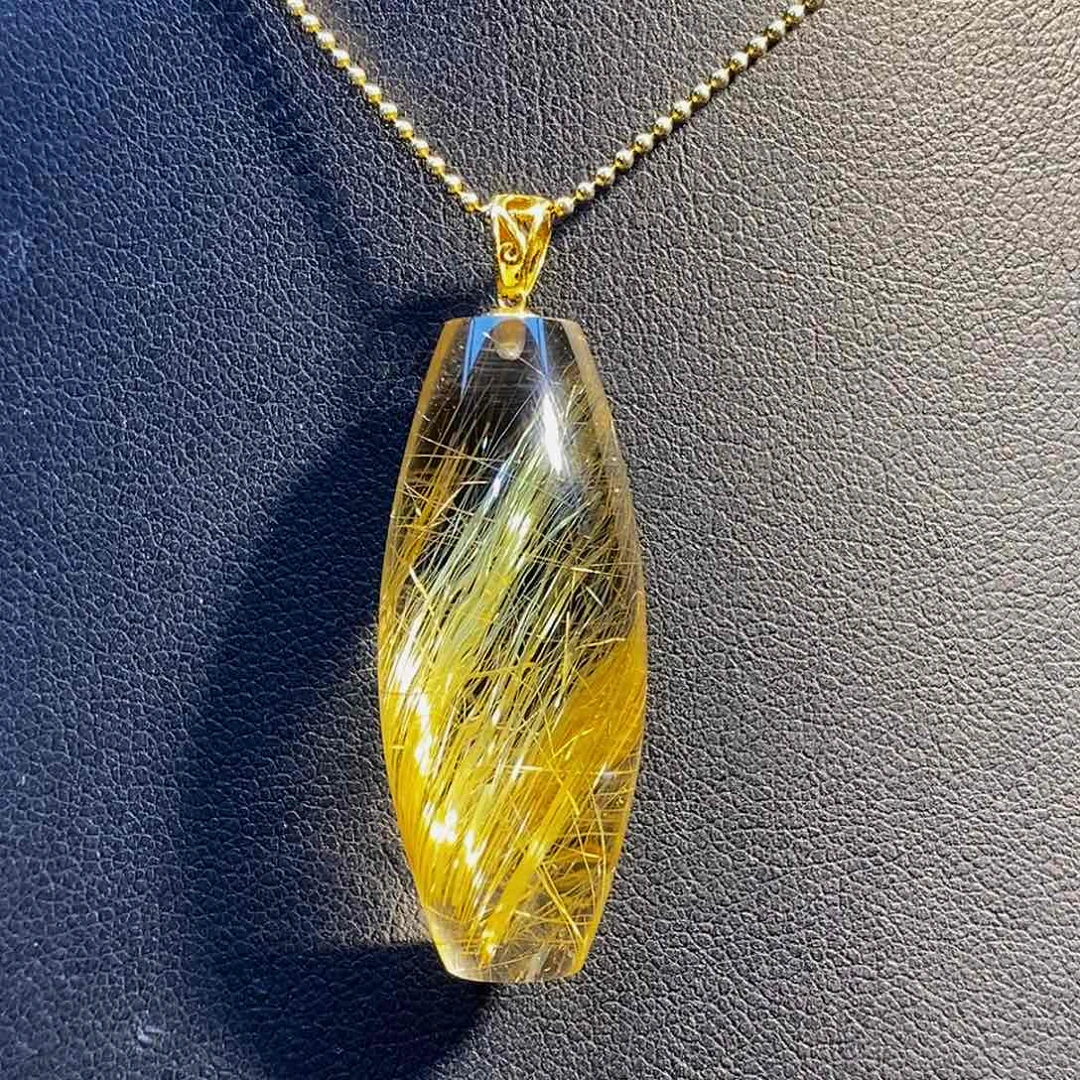 颈饰18K金镶嵌水晶天然净体钛晶桶珠吊坠