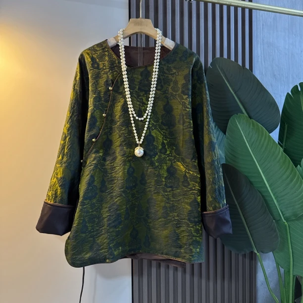 新中式轻奢国风大码女装烫金提花上衣时尚复古民族风气质宽松斜襟