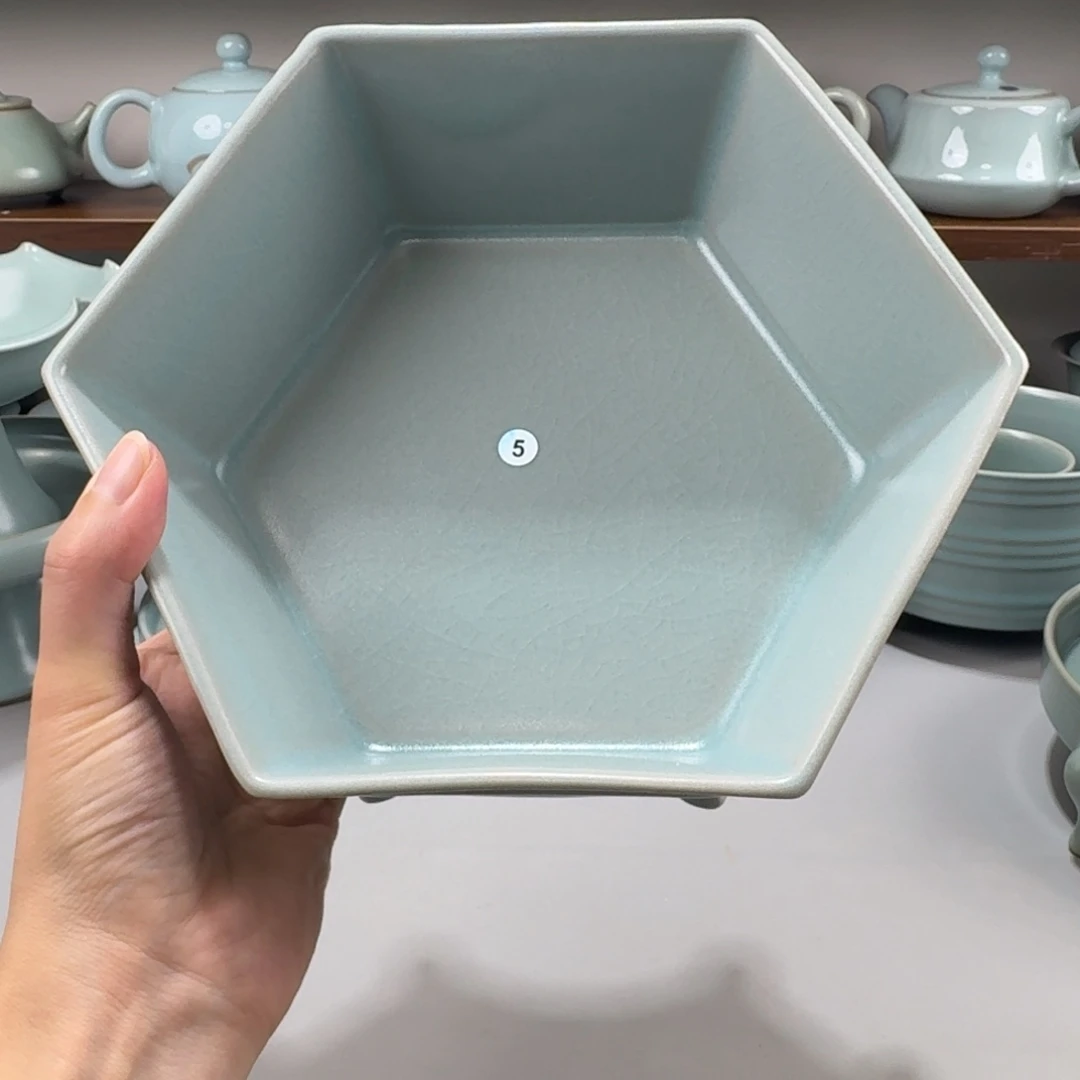 摆件微瑕汝窑仿古釉六方茶洗编号5号