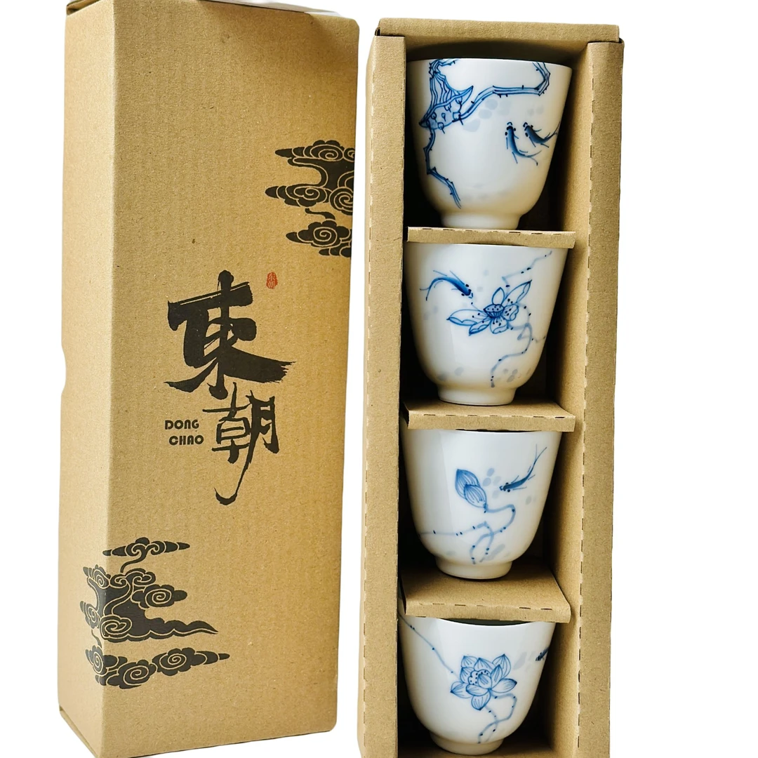 铭兴定制高白瓷手绘荷花四色聚香杯（4个/套） 容量60cc